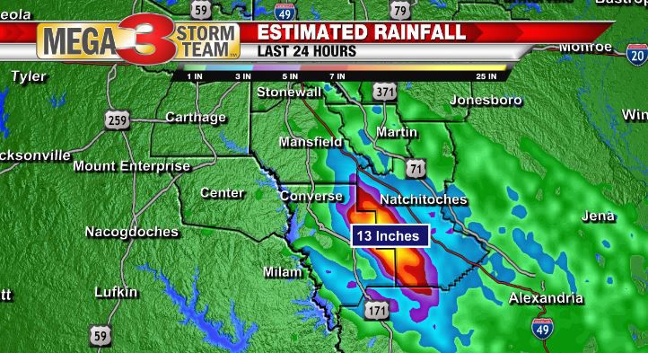 Shreveport NWS Rainfall Estimate for Toledo Bend on 5/20/2020